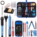 WOWGO Fer à Souder Electrique Kit de Soudage 60W Température Réglable avec Multimètre Numérique, Support de fer à Souder, Pompe à Dessouder et Sac à Outils en PU Portatif
