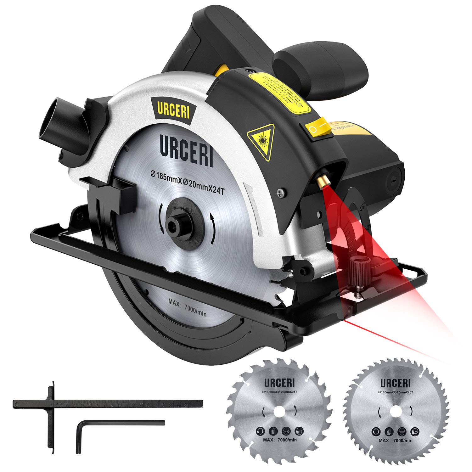 URCERI 1200W 5500 rpm Scie Circulaire 185mm 230-240V avec Guide Laser, Profondeur de Coupe de 65 mm Max, 2M Câble, Lames de 24 et 48 Dents Incluses