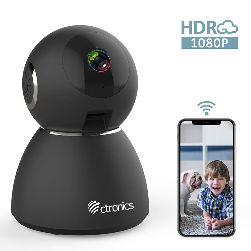 Ctronics Caméra de Surveillance 1080P Caméra WiFi sans Fil 25fps Caméra IP Dome Intérieur Vision Nocturne Détection de Mouvement, Audio Bidirectionnel Pan 355°Tilt pour Bébé Animal