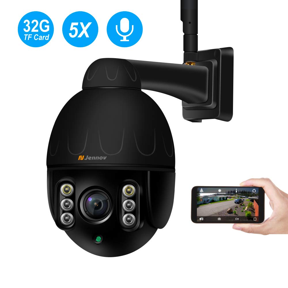 Jennov PTZ Caméra Surveillance WiFi, 1080P Caméra IP sans Fil avec 5X Zoom Optique Dôme Caméra Extérieure/Intérieure, Audio Bidirectionnel, Alerte Intelligente de Détection, 32G Micro-SD Carte Inclus