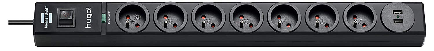 Brennenstuhl hugo! Bloc multiprise 7 prises + 2 prises USB avec parasurtenseur/parafoudre cordon 2 m – Noir