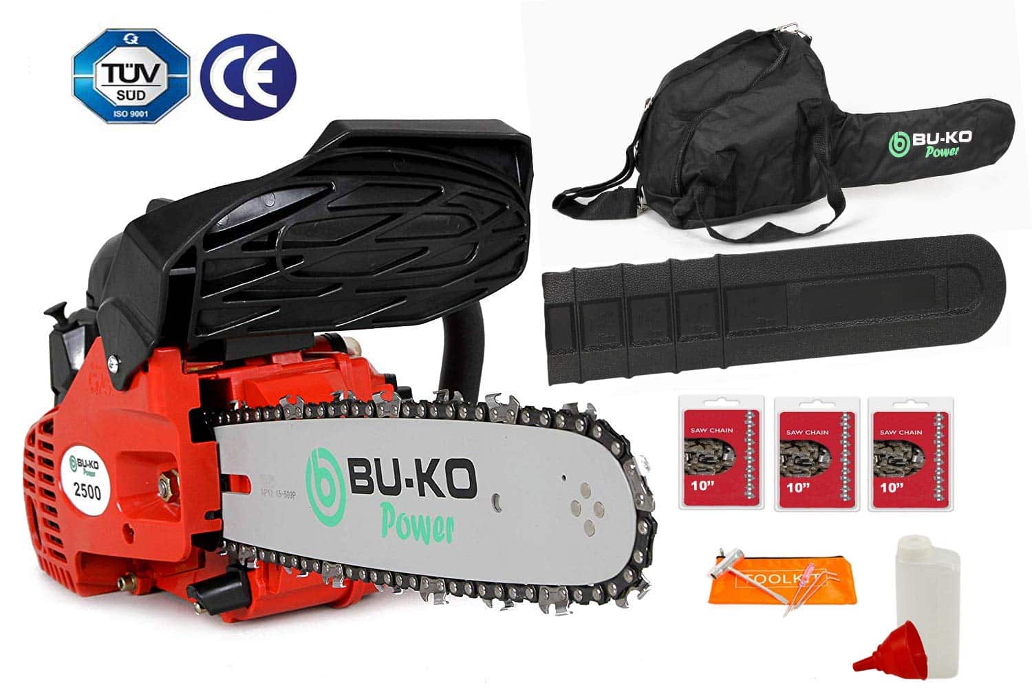 BU-KO Scie à chaîne essence 26 CC, poignée légère | 3 chaînes et barre de 10″incluses | Housse de protection et équipement de sécurité complet