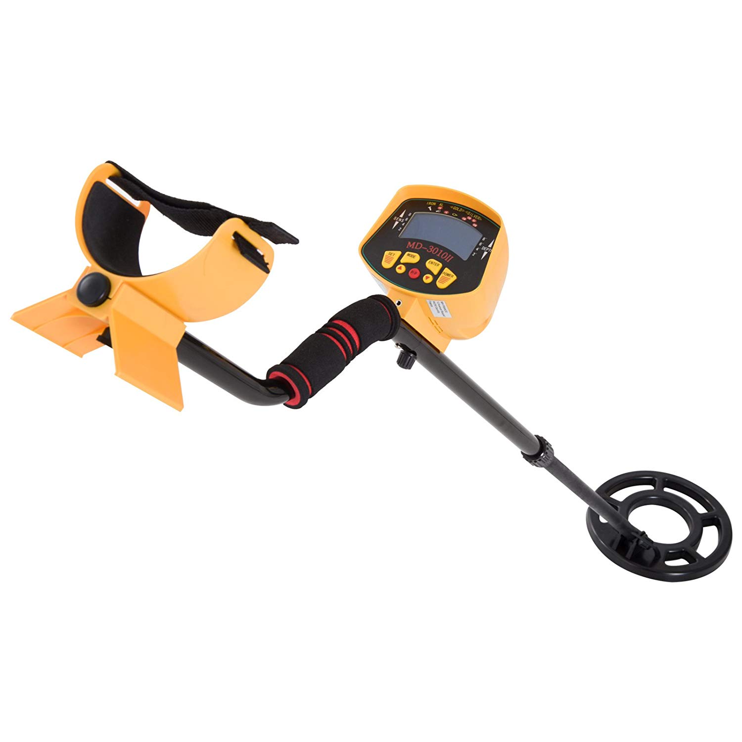 Détecteur de métaux haute sensibilité, écran LCD. Chasse aux trésors, poignée ergonomique, tige télescopique. Couleur: noir et jaune
