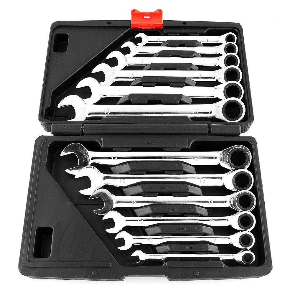 FEMOR 12PCS Malette Jeu Combiné Clé Mixtes a Cliquet 8 -19mm Métrique Dent Clé Plate – Molette Réversible Mixtes Outil