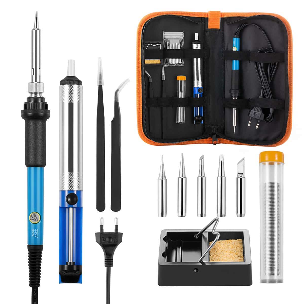 ICONNTECHS Fer à Souder Kit de Soudure 60W 220V à Température Réglable avec 5 têtes à Soudure, Pompe à Dessouder, Support, Fil de Soudure et Mallette de Transport pour Divers Réparation