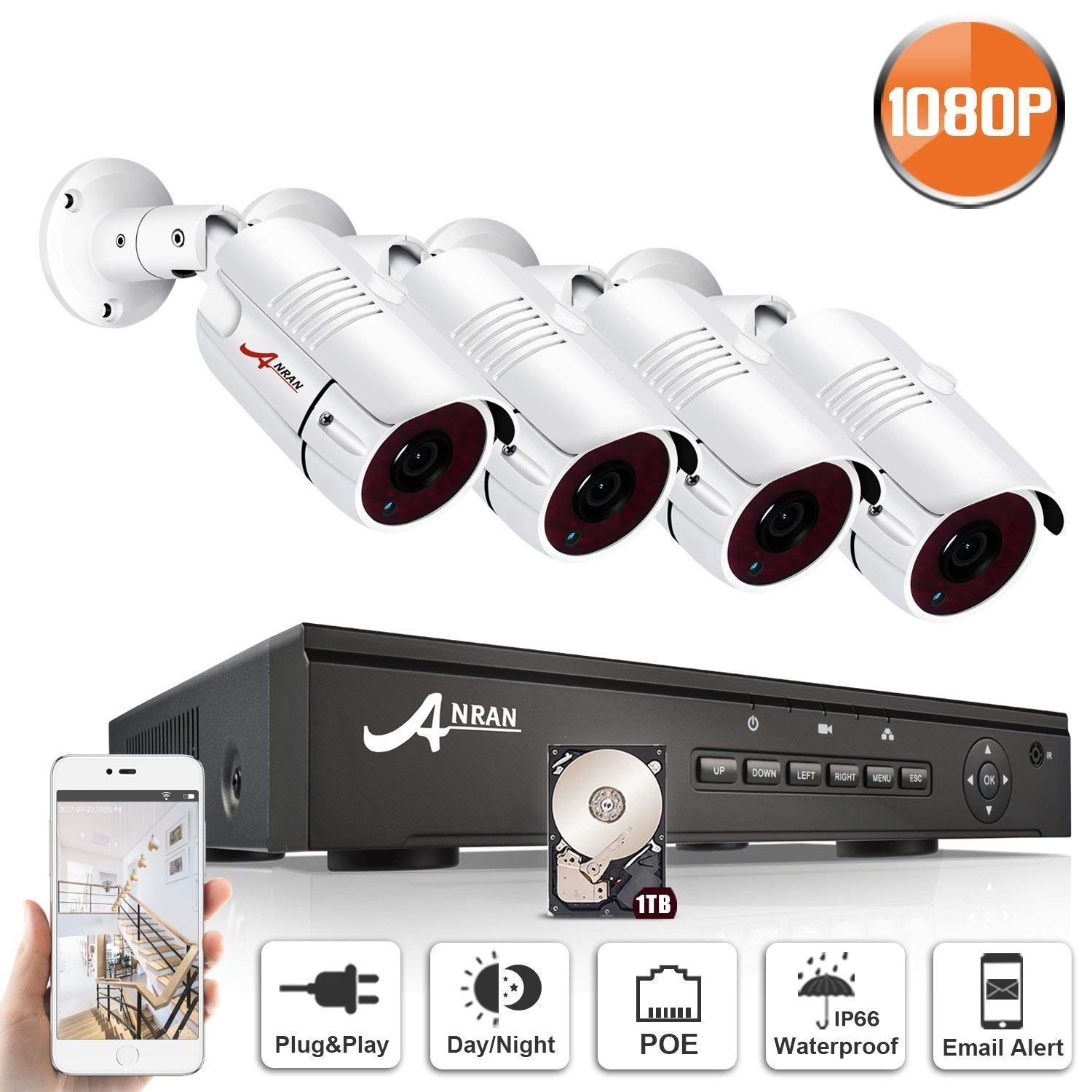 Kit de Système de Sécurité, POE Caméra de Surveillance ANRAN, 4CH POE NVR avec 4CH 1080p Caméras, Accès à Distance, Détection de Mouvement, IP66 Hydrofuge, Port de Sortie HDMI/VGA, 1TB Disque Dur