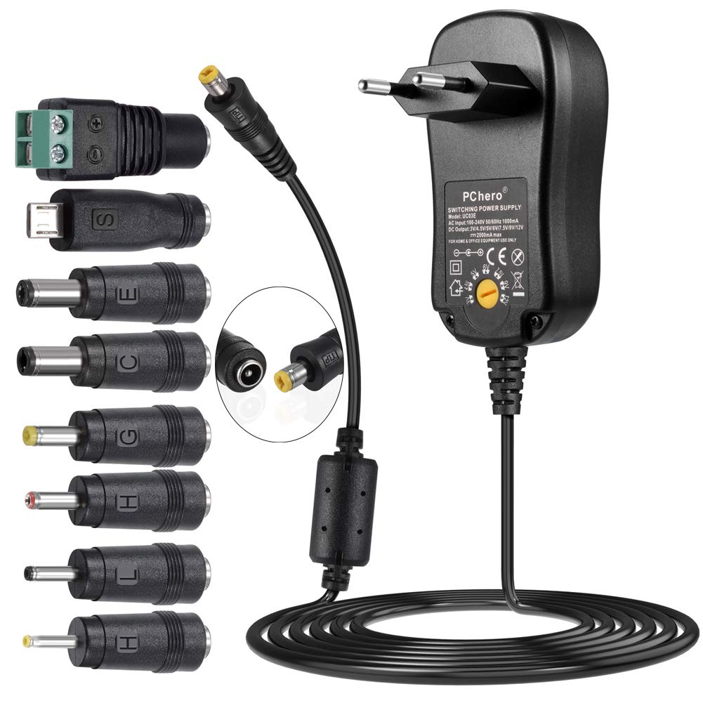 PChero Bloc d’alimentation universel, 3 / 4.5 / 5 / 6 / 7.5 / 9 / 12V – MAX 2000 mA, 8 prises (une fiche Micro USB incluse), adaptateur de voyage