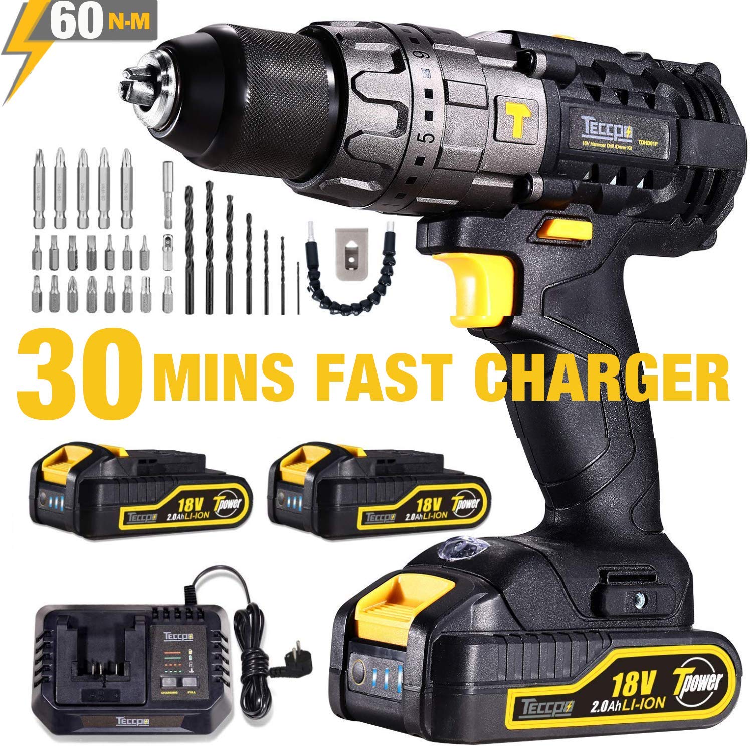 Perceuse Visseuse sans Fil, TECCPO 30min Rapide Chargeur(60Nm), 2×2.0Ah Batteries 18V, Perceuse a Percussion 13mm Mandrin Auto-bloquant, 29pcs Accesoires, Pochette de Rangement-TDHD01P
