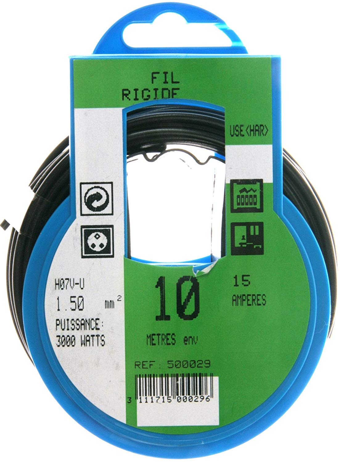 Couronne de câble 10 mètres ho7v-u, 1,5 mm.Profiplast PRP500029. Couleur noir