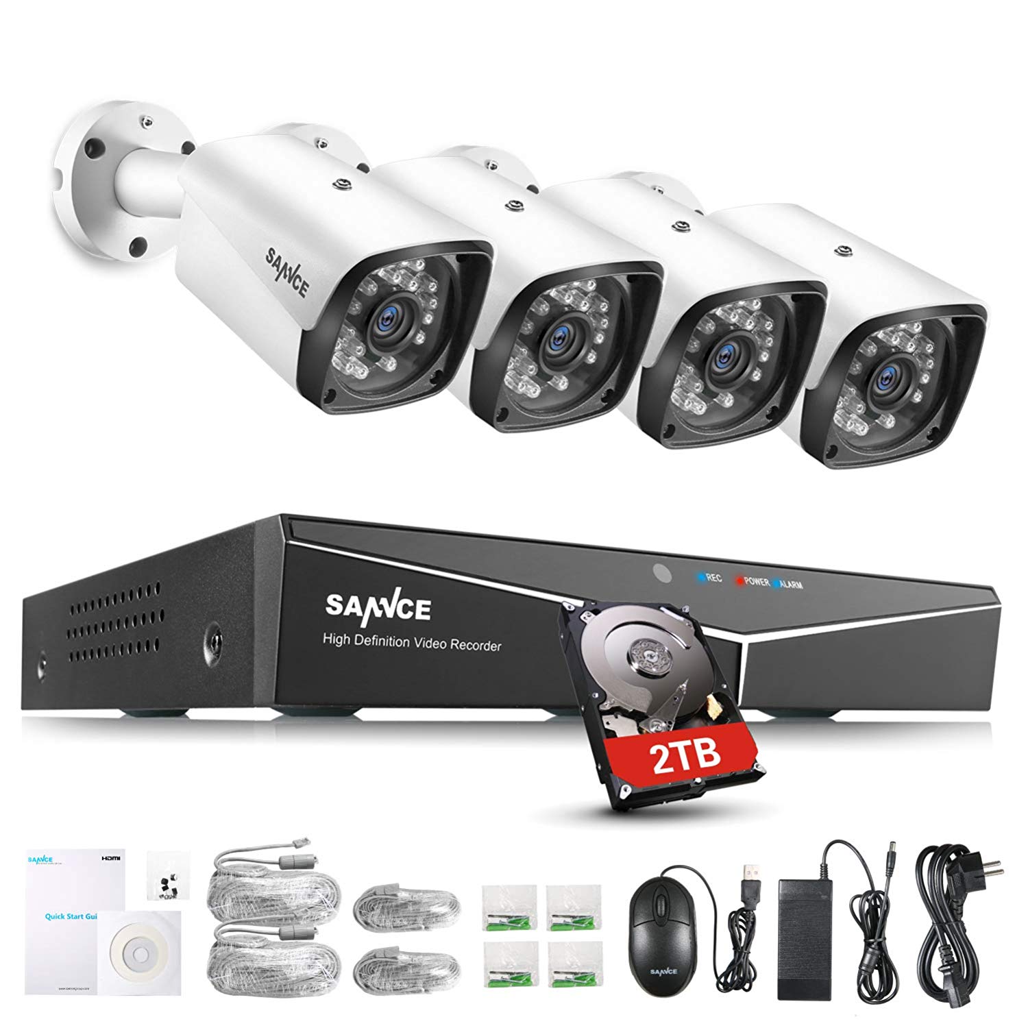 SANNCE Kit de Surveillance 4CH 1080P PoE Network Système de Sécurité,4 IP Caméra H.264 de Vidéosurveillance étanche accès à Distance Via Smartphone/PC,avec Surveillance Disque Dur de 2TB