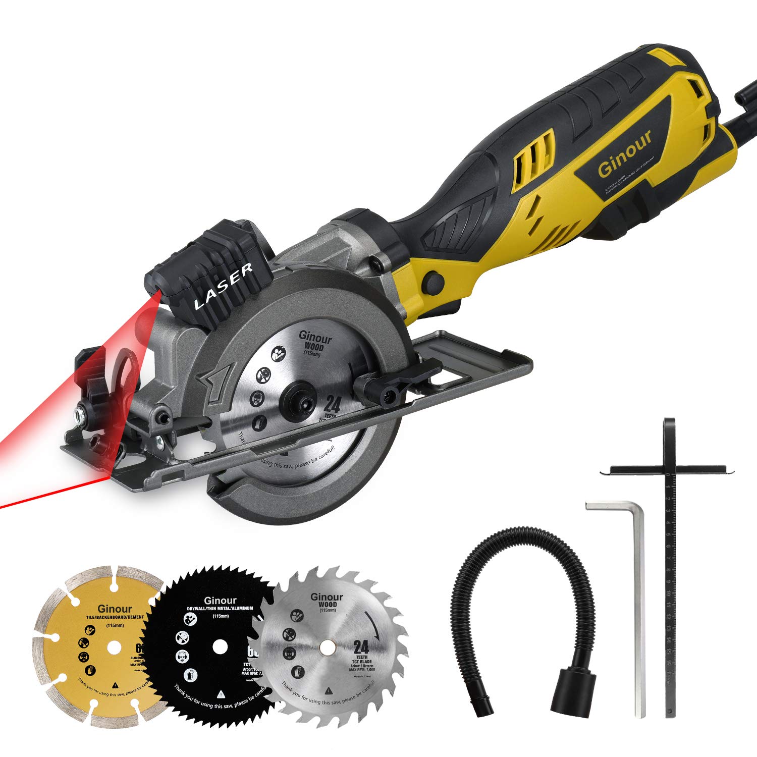 Scie Circulaire, Ginour mini Scie circulaire au Laser, 710W Coupant: 42.8mm (90°), 28mm (45°),Vitesse 3500RPM, 3 Lames (24T,60T, et Lame de scie diamant), Scie Plongeante pour le Bois, le Métal