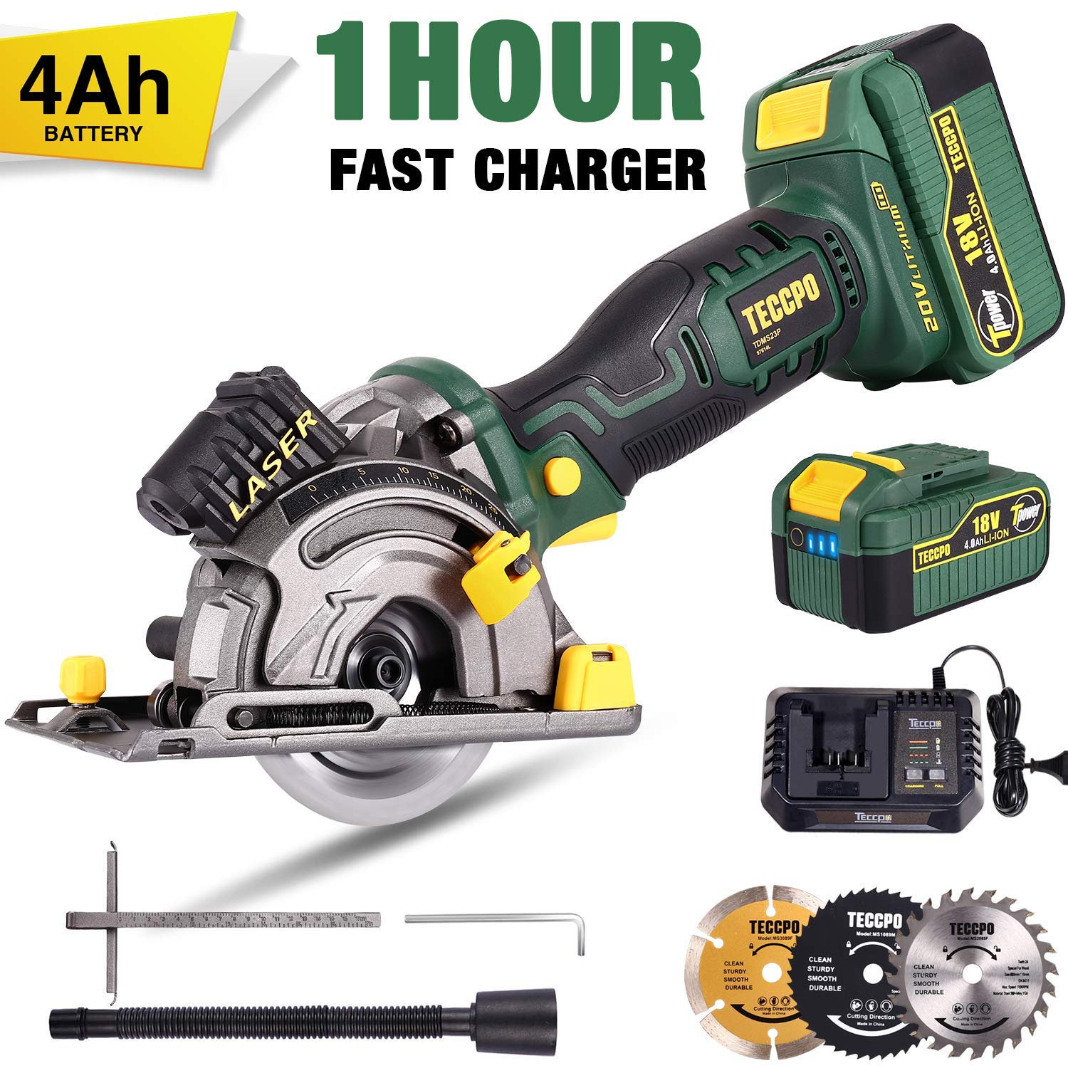 Scie Circulaire sans Fil, TECCPO 18V Mini Scie Circulaire Multifonction, 4.0Ah Batterie, 1H Chargeur Rapide, 3 Lames Ø 89mm, 2800RPM, Convient à la Coupe du Bois, du Métal, des Carreaux – TDMS23P