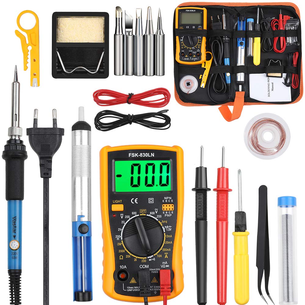 Vastar Fer à Souder Kit, 60W Kit de Soudure, Temperature Réglable de 200~450℃, Multimètre, 5PCS Conseils de soudage, Pompe à Dessouder, Fil de Soudure, Pincettes, Tournevis, Dénudeur de Fil, Support