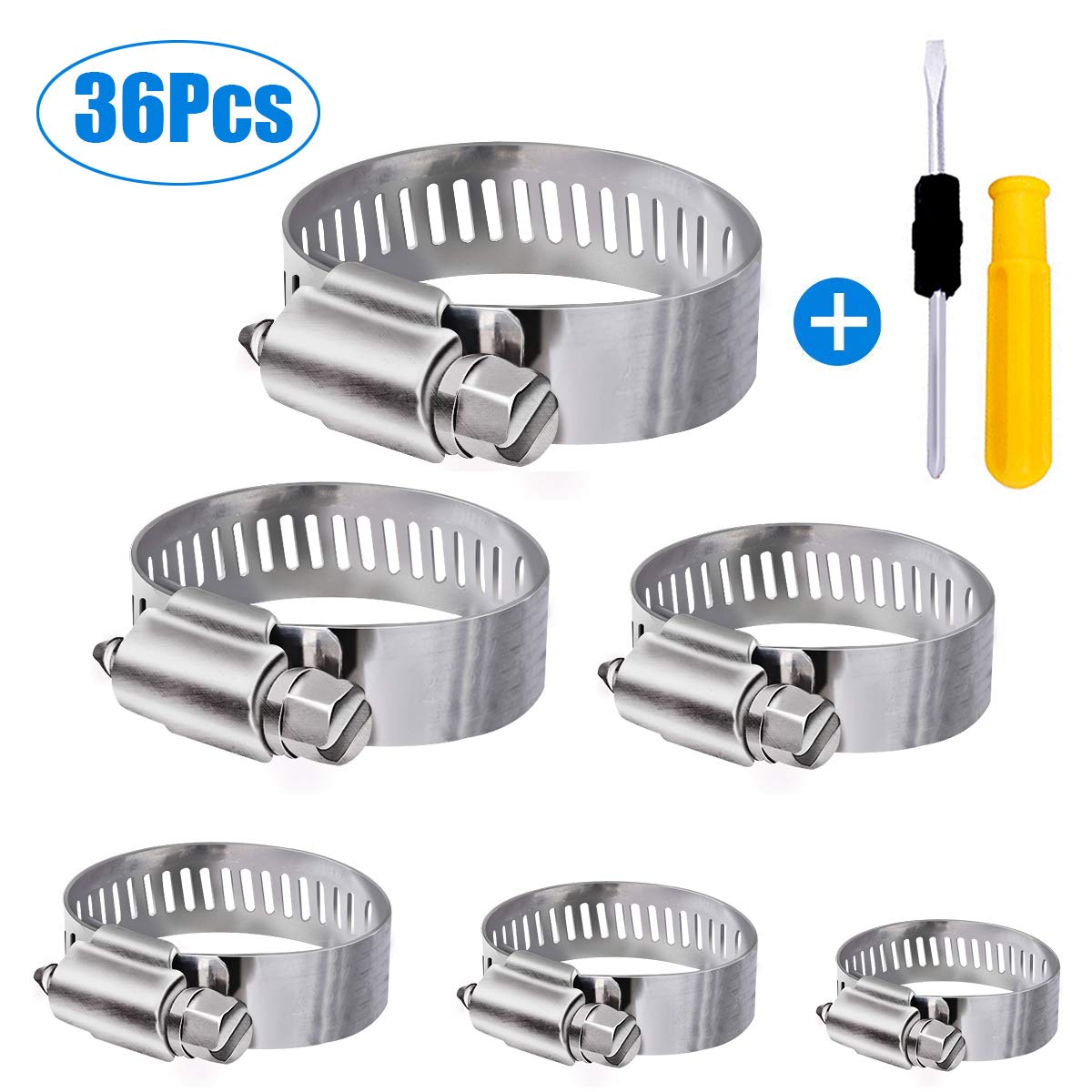 Winwoner Tuyau Clips, 36 pièces réglable 6–51 mm Gamme en acier inoxydable Colliers de serrage Assortiment de 8 tailles pour famille Tuyau d’eau, réservoir de gaz, tube d’automobiles, etc.
