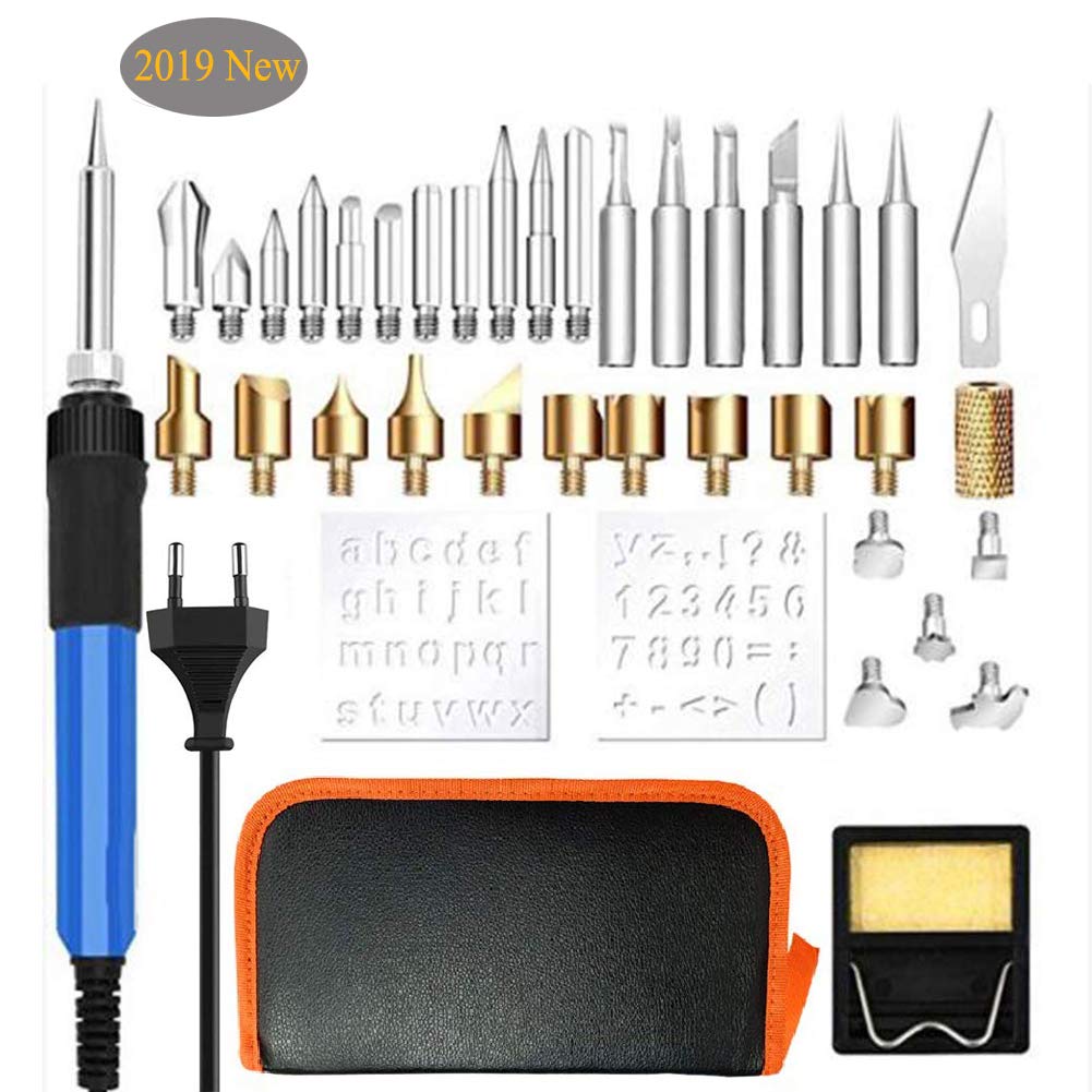 Kit de Pyrogravure 37 pièces. Fer à Souder 60W WesKimed. Pyrograveur professionnel sur bois, support pour liège, cuir, gravure, sculpture sur bois. Température réglable, longueur de câble 130cm.