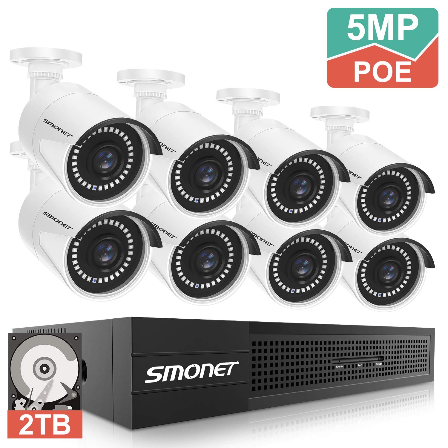 8 Canaux 5MP POE Système de Caméras, SMONET Kit Vidéo Surveillance avec 8X IP Caméras et 2 to Disque Dur, Vision Nocturne, Surveiller à Distance Via APP Gratuite pour Intérieur et Extérieur