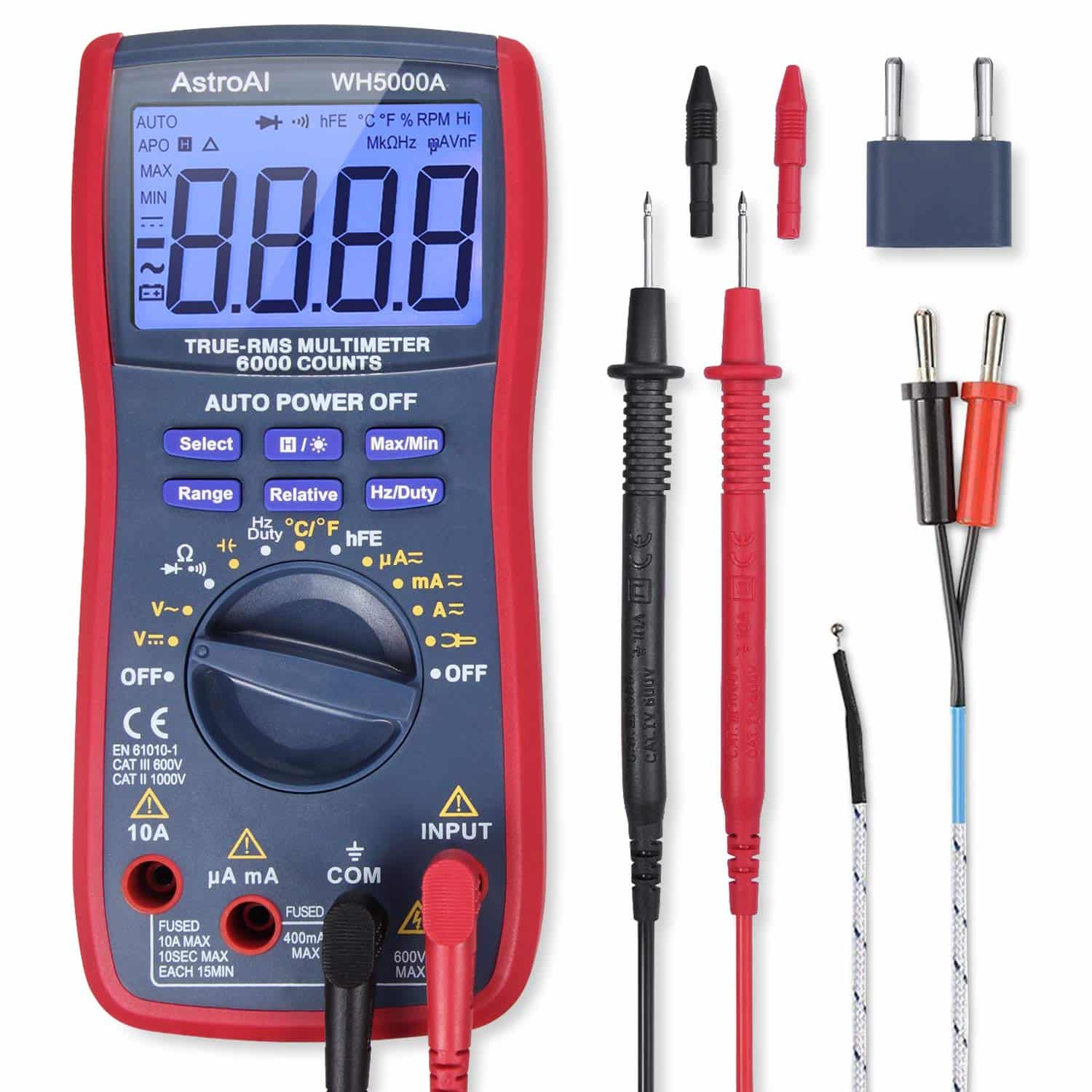 AstroAI Multimètre Numérique Automatique, Testeur Tension 6000 Count TRMS, Misurare Corrente Ampèremètre /Voltmètre /Résistance /Continuité /Fréquence /Température /Transistor