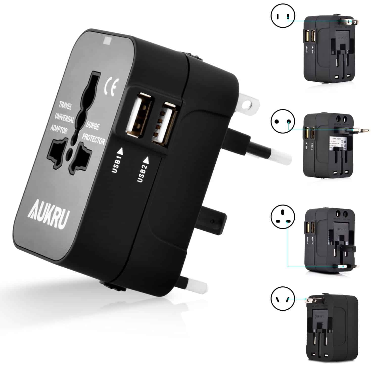 Adaptateur secteur universel, chargeur de voyage avec 2 ports USB (5V 2.1A). Adaptateur compatible avec 183 pays (EU/US/UK/AU). Douille universelle – Coloris: Noir