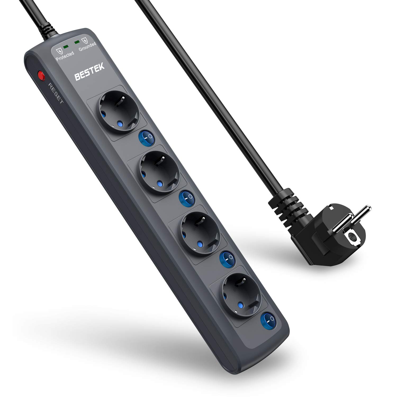 BESTEK Multiprise 4 Prises Parasurtenseur 2000 Joules Multiprise Parafoudre avec 4 Interrupteurs Indépendants et Cordon de 1.8m, 4000W/16A