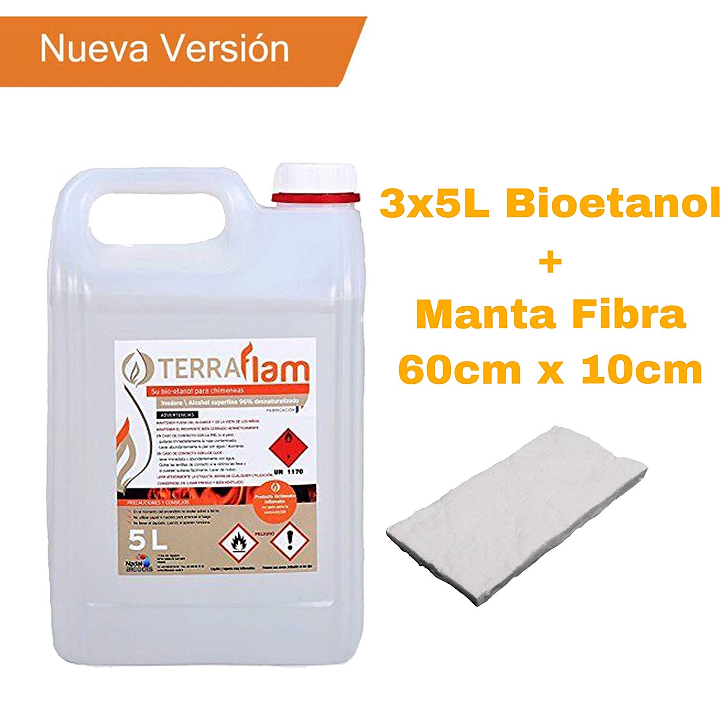 Bioetanol Terraflam 3x 5Litros + Couverture Terraflam de fibre de bioéthanol de 60cm x de 10cm pour lampes et cheminées transparentes Combustion de haute qualité, sans émanations ni odeurs