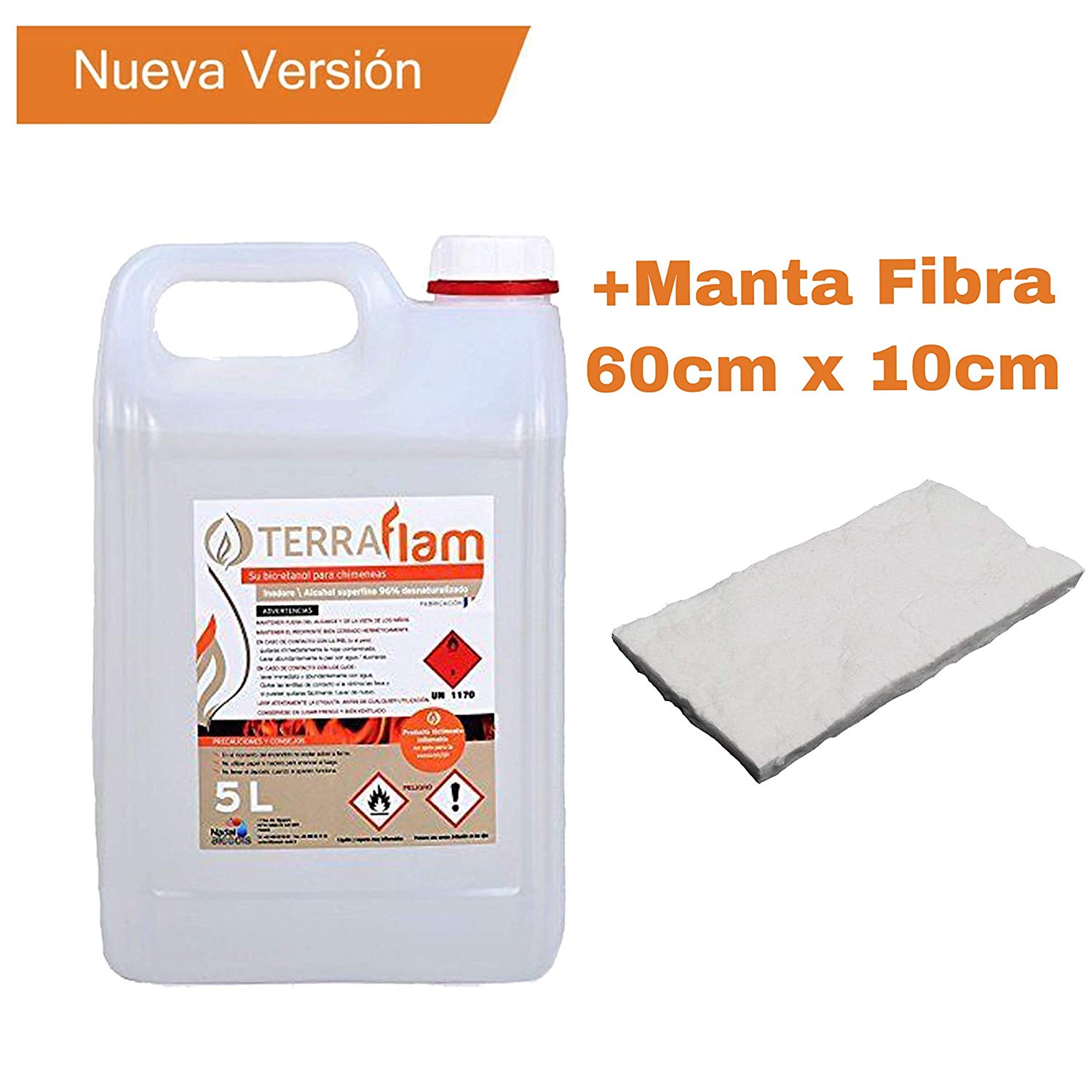 Bioetanol Terraflam 5Litros + Couverture Terraflam de fibre de bioéthanol de 60cm x de 10cm pour lampes et cheminées transparentes Combustion de haute qualité, sans émanations ni odeurs