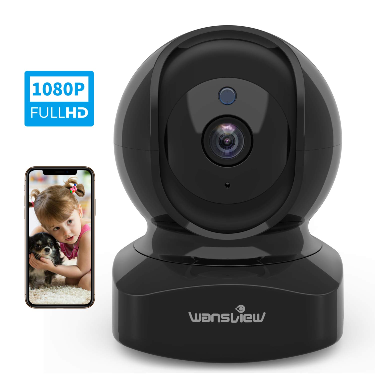 Caméra IP de surveillance Wi-FI Wansview. Caméra intérieur 1080P FHD avec détection de mouvement, audio bidirectionnel et vision nocturne. Principalement utilisée pour la surveillance des bébés et animaux de compagnie. Couleur : Noire