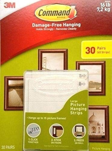 Bandes de fixation amovible pour grand tableau et photo sous cadre. Permet d’accrocher un tableau sans faire de trou au mur. Marque Command par 3M