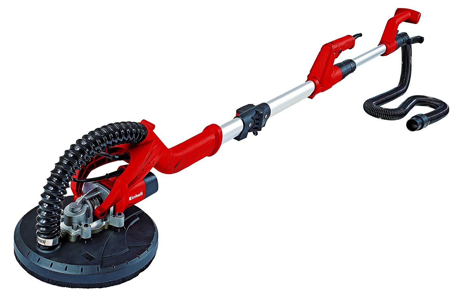 Ponceuse girafe Einhell TC-DW 225,600 W. Longueur du câble : 400 cm, manche télescopique en continu jusqu’à 165 cm. Livrée en coffret avec 6 disques de ponçage 225 mm