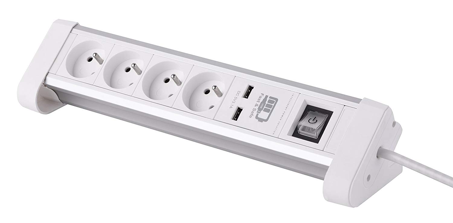 Electraline 35440 Bloc Multiprise de bureau encastrable 4 Prises + Interrupteur + 2USB 3A, Longueur 1, 5 M Section 3G1 mm² Blanc