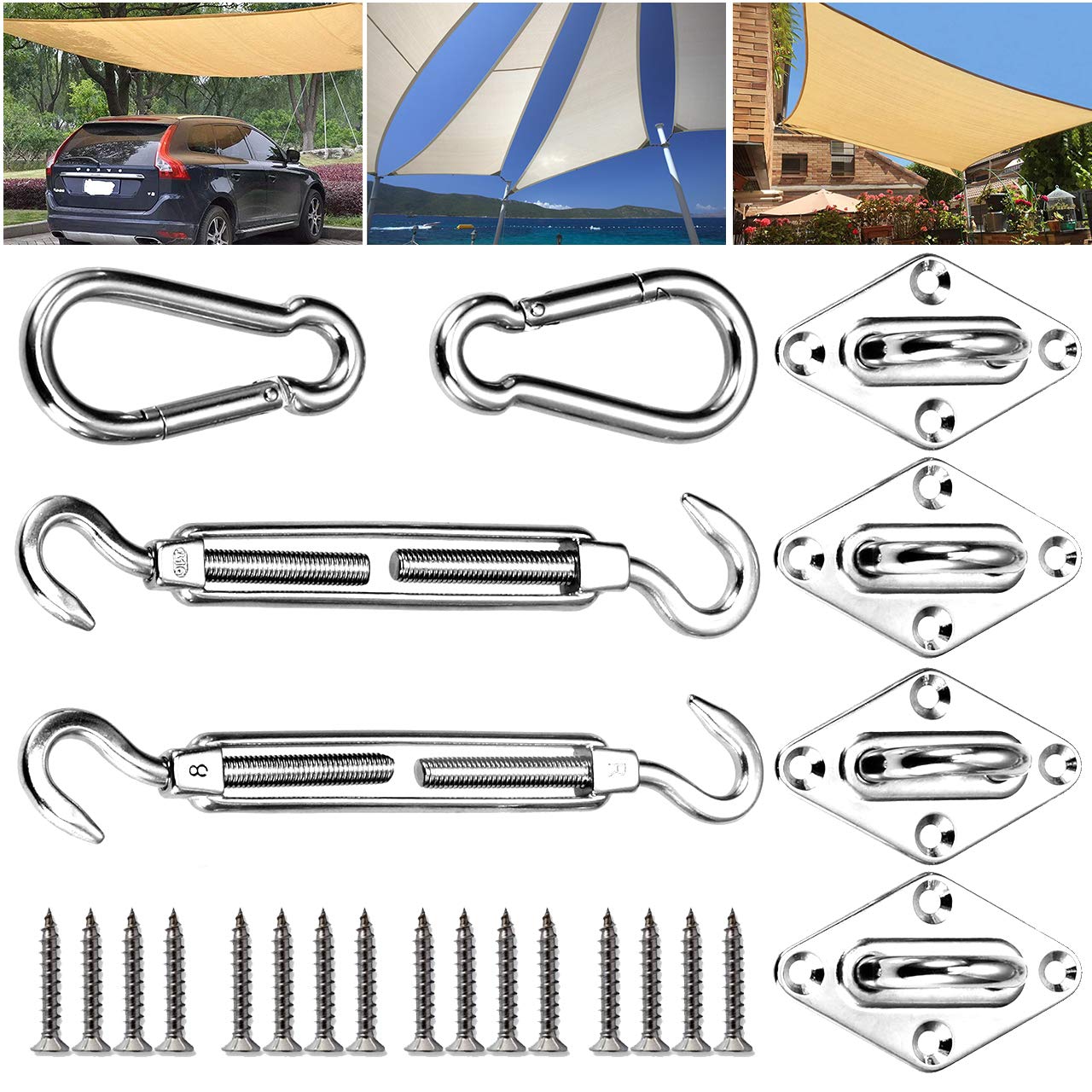 Kit de fixation pour voile d’ombrage, inoxydable pour une installation en toute sécurité. Pour auvents carrés et triangulaires