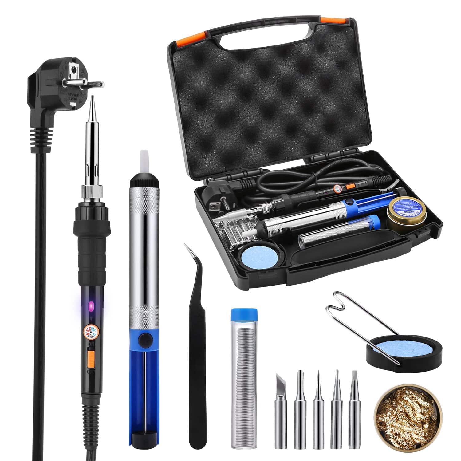 Fer à Souder Electrique Tacklife SKY47AC /Kit pour Souder et Dessouder /220V-240V 60W /Température Réglable 220℃~480℃ /5 Pointes en acier 900M /Fil en étain de 15g /Câble d’alimentation de 1.4m
