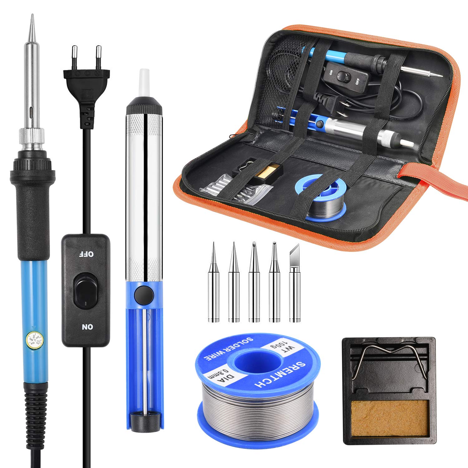 Fer à Souder Kit, SREMTCH 60W Kit de Soudure Electrique avec Interrupteur On/Off, Temperature Réglable de 200~450℃, 5 Pointe de Soudage, Fil de Soudure, Pompe à Dessouder, Support et Pochette en Tissu