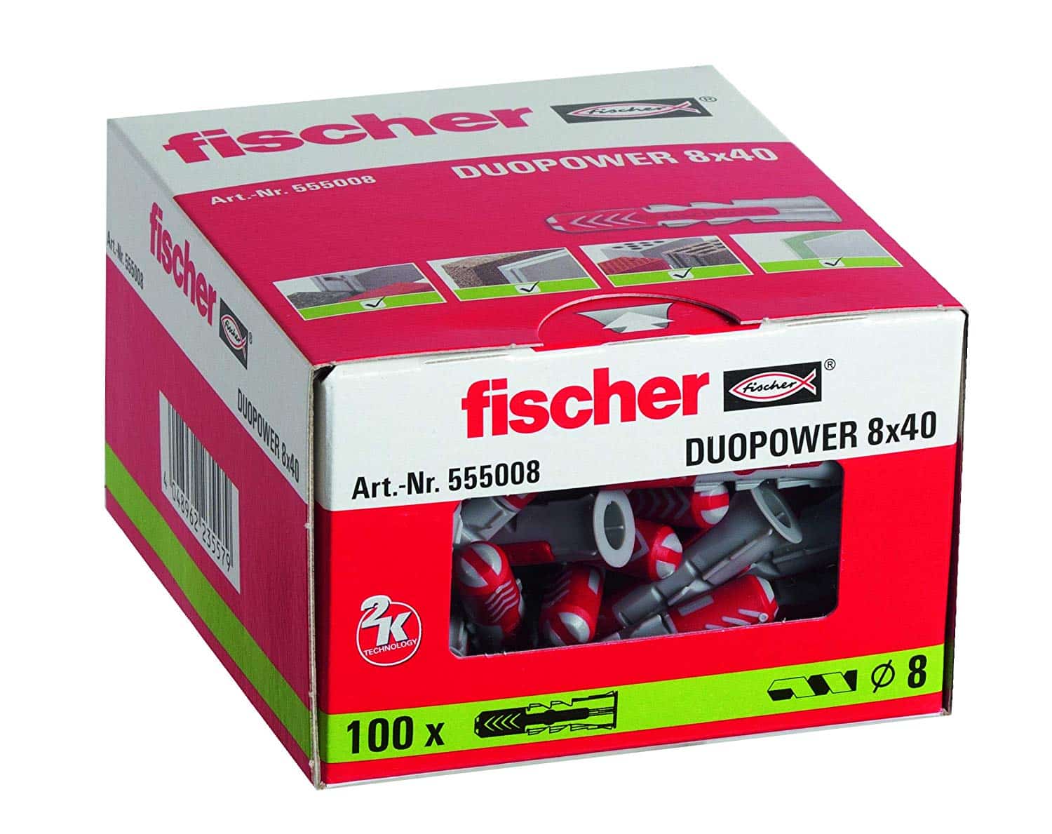 Lot de 100 chevilles 8 x 40 mm, Fischer 555008 duopower