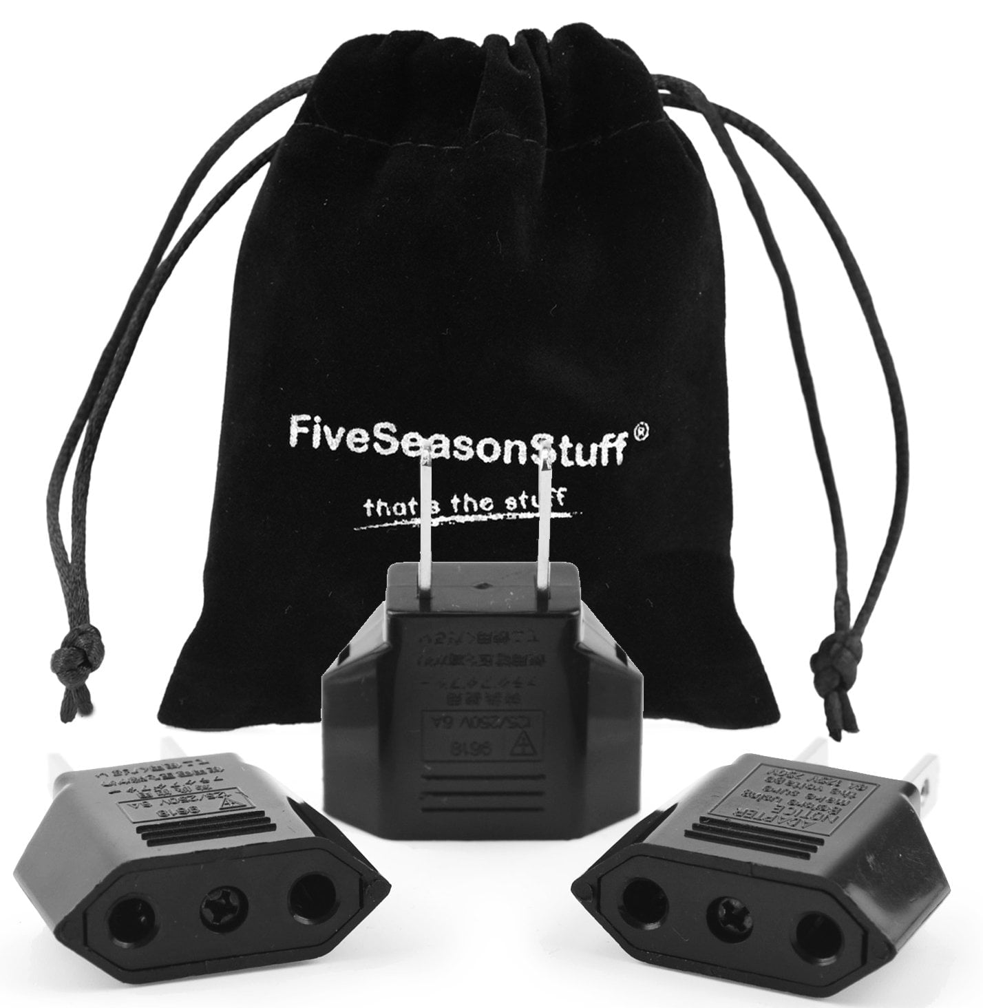 FiveSeasonStuff 3 x Adaptateur de Voyage France et l’Europe Convertir pour USA, Canada, Mexique, Chine, Japon, Samoa Américaines, etc. (sans terre, avec composants internes de cuivre, avec un sac noir)