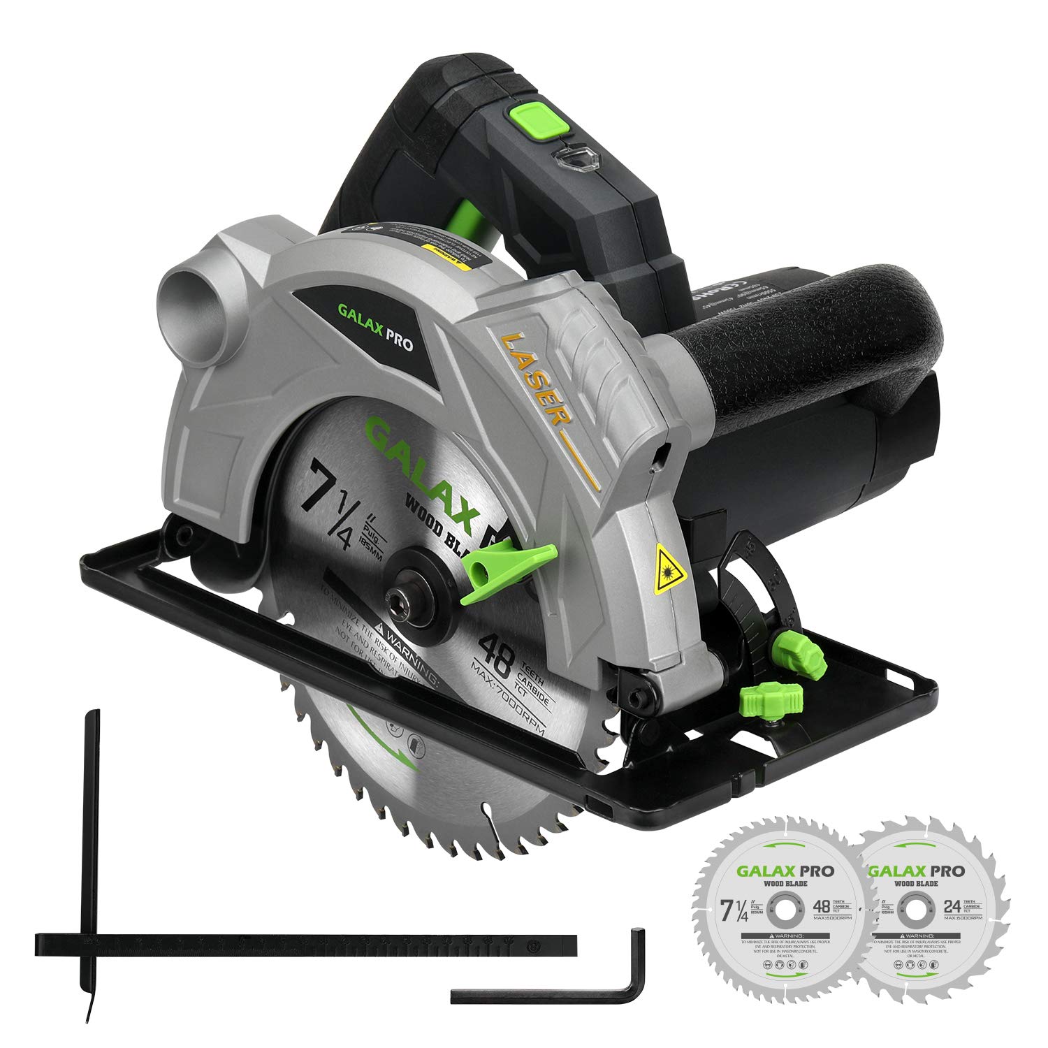 Scie circulaire laser 1500W 5500 RPM, coupe maximale 65mm (90º), 43mm (45º), interrupteur de verrouillage. Idéale pour le travail sur le bois, le métal mince et le plastique. Livrée avec 2 lames 185mm, clé Allen, guide parallèle. Marque GALAX PRO