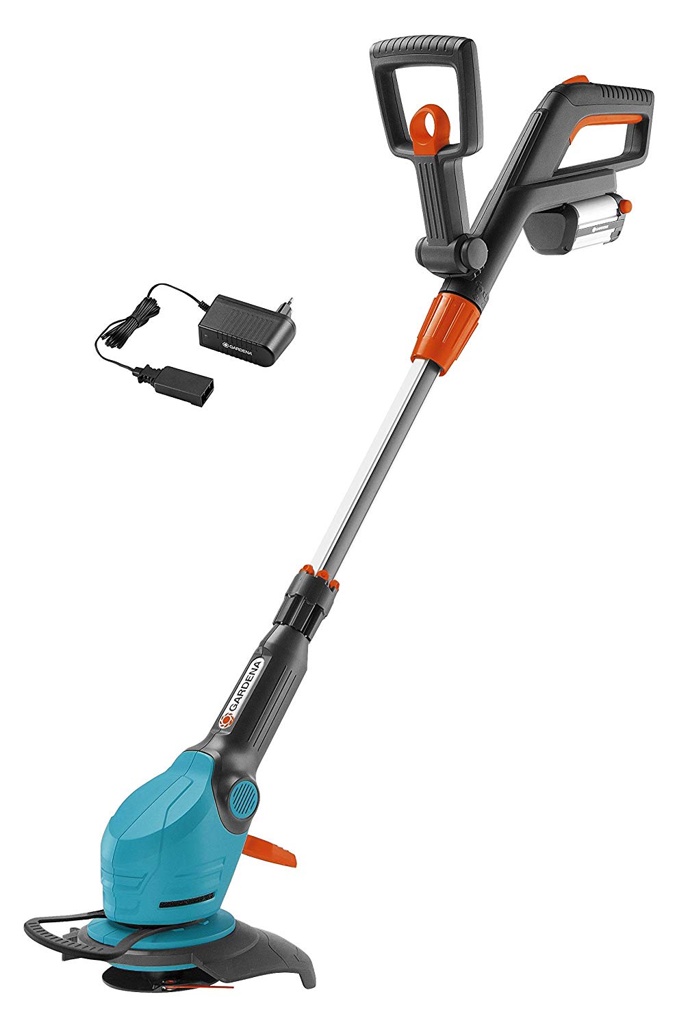 GARDENA Kit de coupe-bordures sur batterie EasyCut Li-18/23R : taille-bordures avec diamètre de coupe 230 mm, manche télescopique et étrier de protection, réglage de l’inclinaison du manche (9823-20)