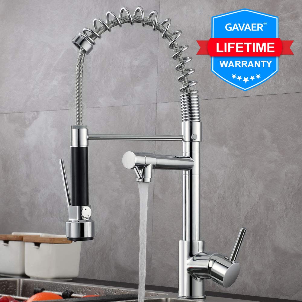 GAVAER Robinet Cuisine pivotant à 360° Robinetterie à Ressort Mitigeur Cuisine, Avec 2 JetsModes Spray et Stream available, Froid & Chaud Disponible, Laiton chromé.