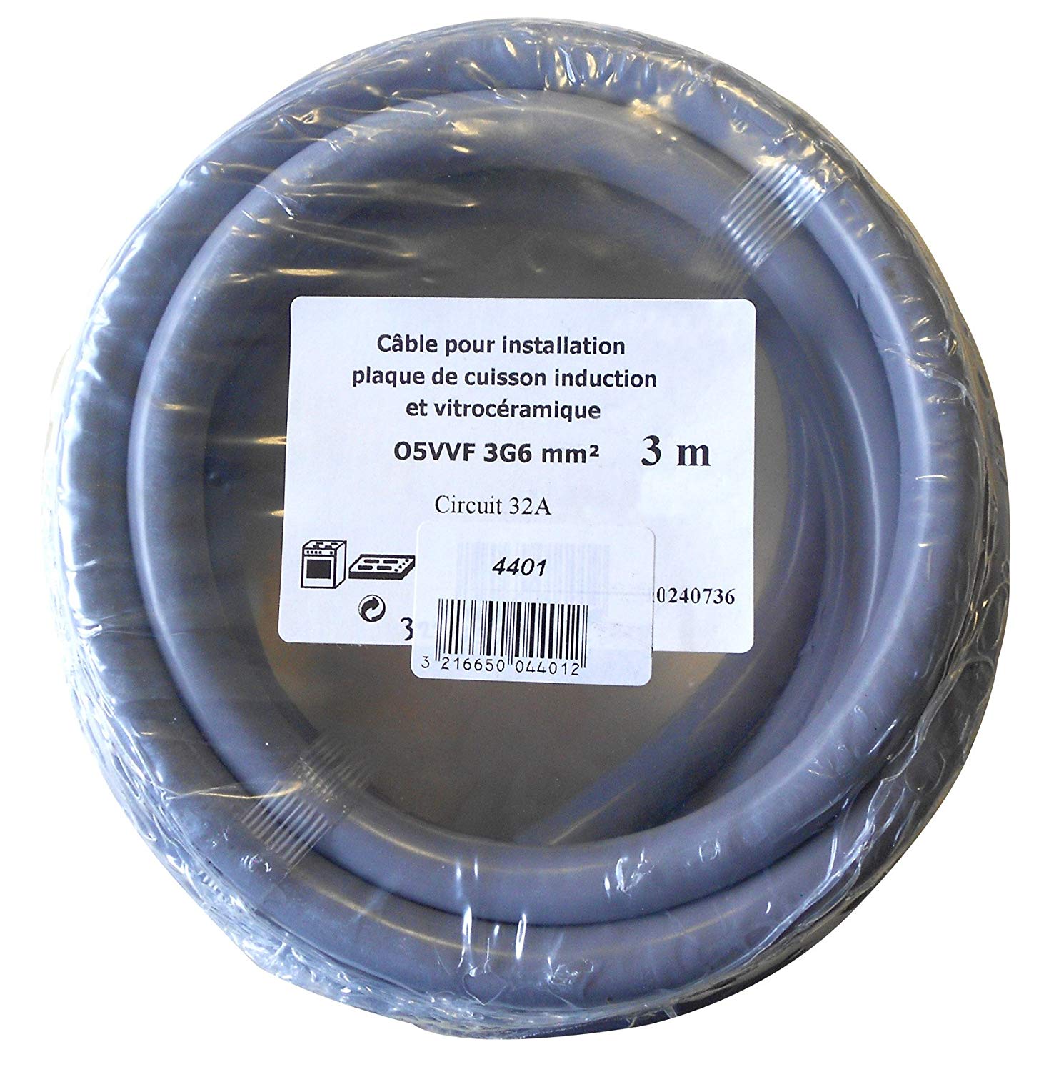 Cable électrique pour installation plaque de cuisson induction ou vitroceramique, circuit 32A, Gris