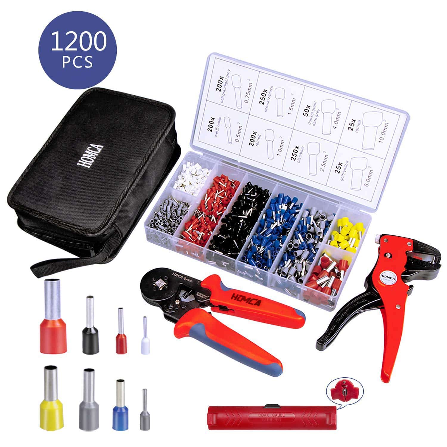 Ensemble de pinces à sertir et à dénuder. Livré avec 1200 embouts de cablage, cosse de cable 0.25-10.00 mm². Kit complet de sertissage dans un sac à outils