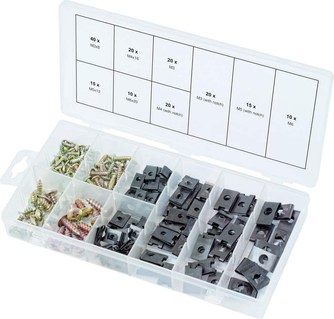 Assortiment de 170 vis et écrous cage. Vendu en boite plastique.