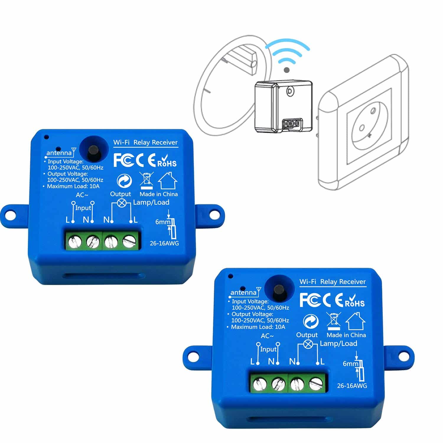 LoraTap Lot de 2 Interrupteur WiFi Alexa Sans Fil, MINI TAILLE, Récepteur 2500W 10A, Commutateur Connecté Intelligent, Commande à Distance Par Téléphone, Relais Compatible avec Google Home IFTTT
