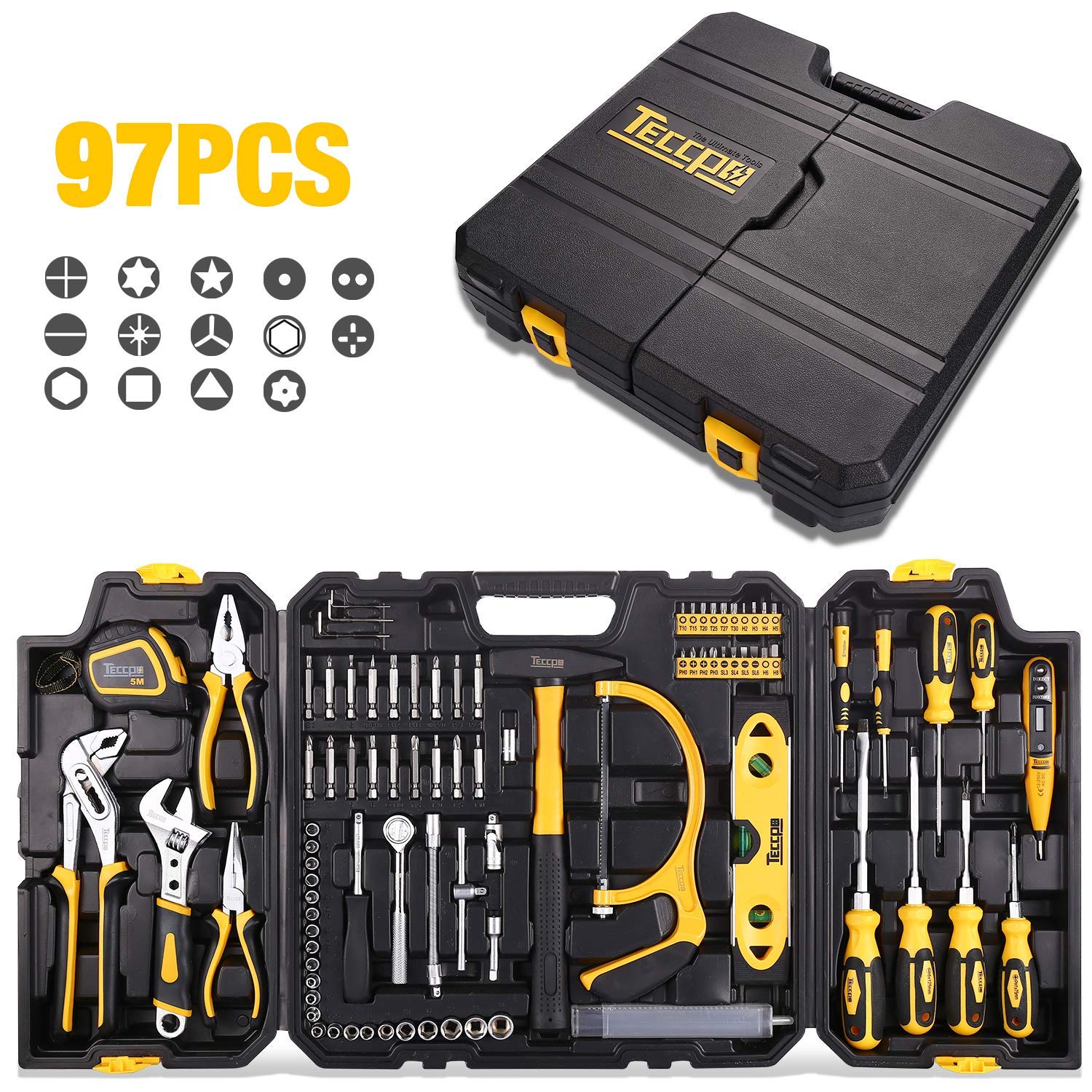 Mallette Outils, TECCPO 97pcs Mallette a Outils Complet, Scie en Alliage, 8pcs Tournevis, Poignee a Cliquet, Pince, Ensemble de Tournevis, Ruban a Mesurer – THTC02H