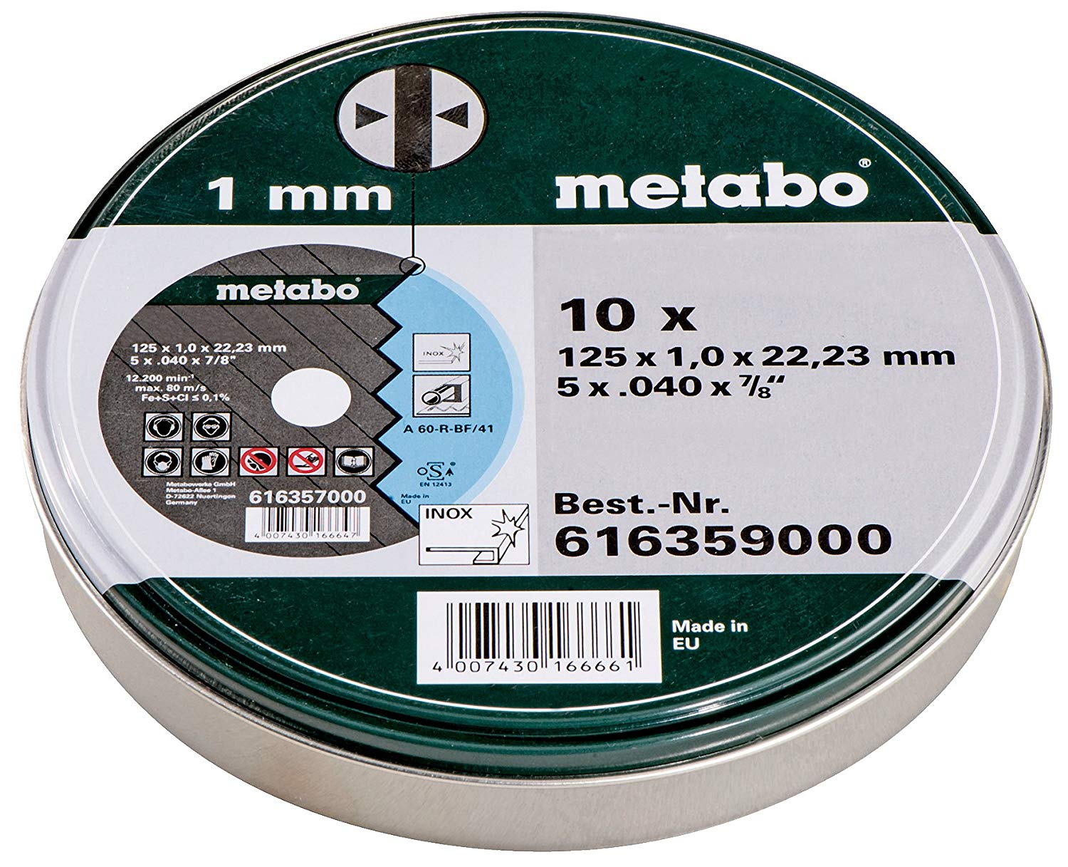 Metabo – Boite métal de 10 Disques à tronçonner – Acier inoxydable – 125 x 1 mm (Import Allemagne)
