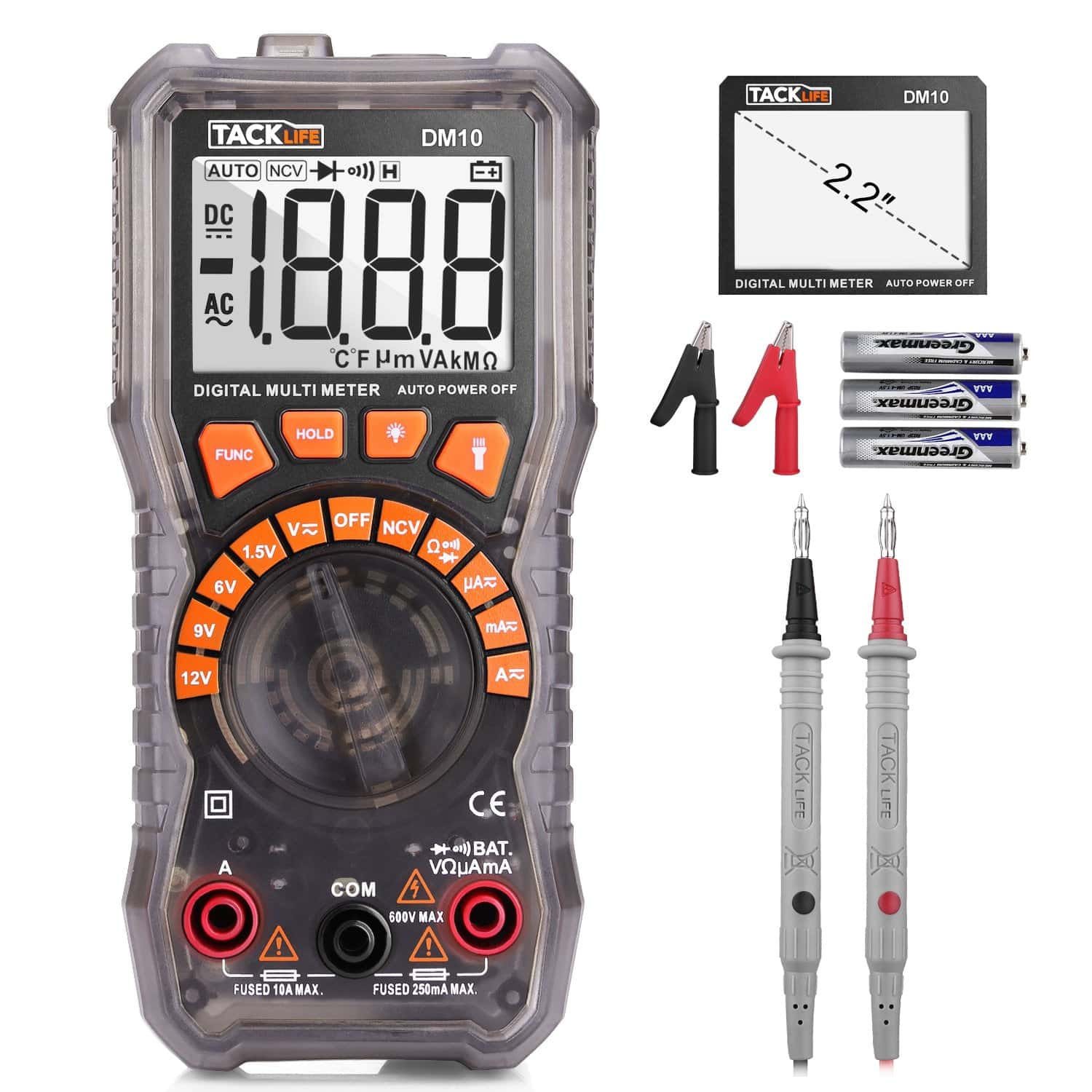 Multimètre testeur de pile, tension AC/DC, courant, NCV, résistance, diode. Equipé d’une lampe de poche, un tournevis et 2 pinces crocodile. Rétro-éclairage,testeur numérique DM10