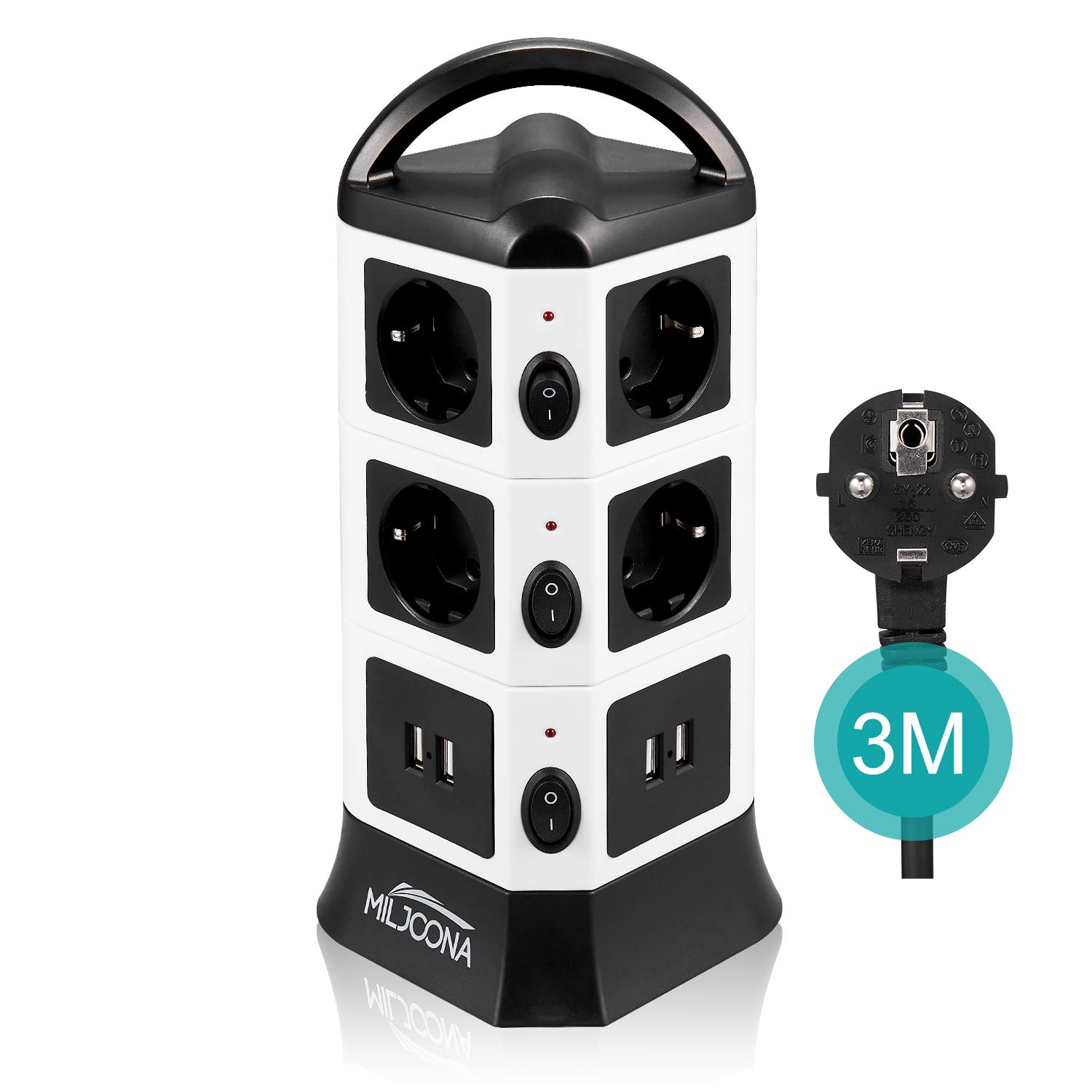 Multiprise USB avec 10 prises électriques et 4 ports USB. Tour multiprise parasurtenseur parafoudre, 2500W/10A, 3 mètres de câble. Couleur: Noir et Blanc