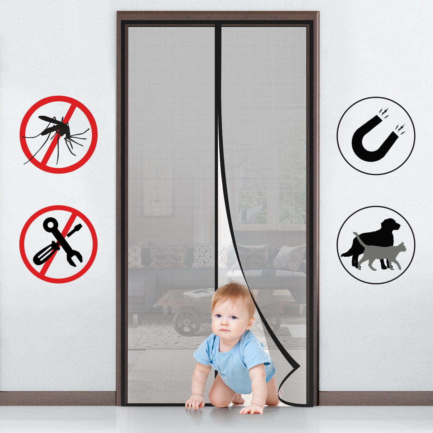 Moustiquaire magnétique de porte, anti insectes. Bande adhésive 90cm*210cm. Fermeture automatique, maille ultra fine. Installation sans outil, idéal pour les enfants et animaux de compagnie