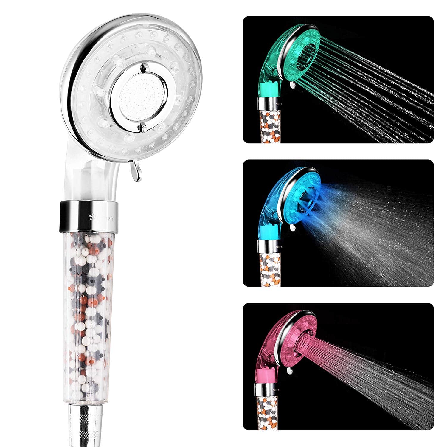 Osazic Pommeau de Douche LED Anti Calcaire, Douchette Douche à Main Salle de Bain 3 Voies à Haute Pression avec Billes Minerales Lon, un paquet de sphères minérales remplacement