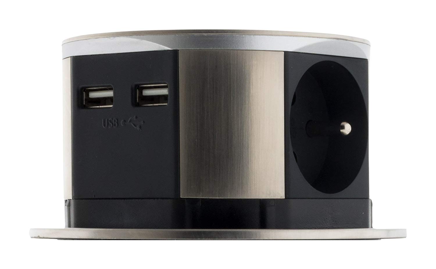 Otio – Bloc multiprise escamotable compact 16A 3 prises 16A 2P+T et 2 prises chargeurs USB – Finition Inox