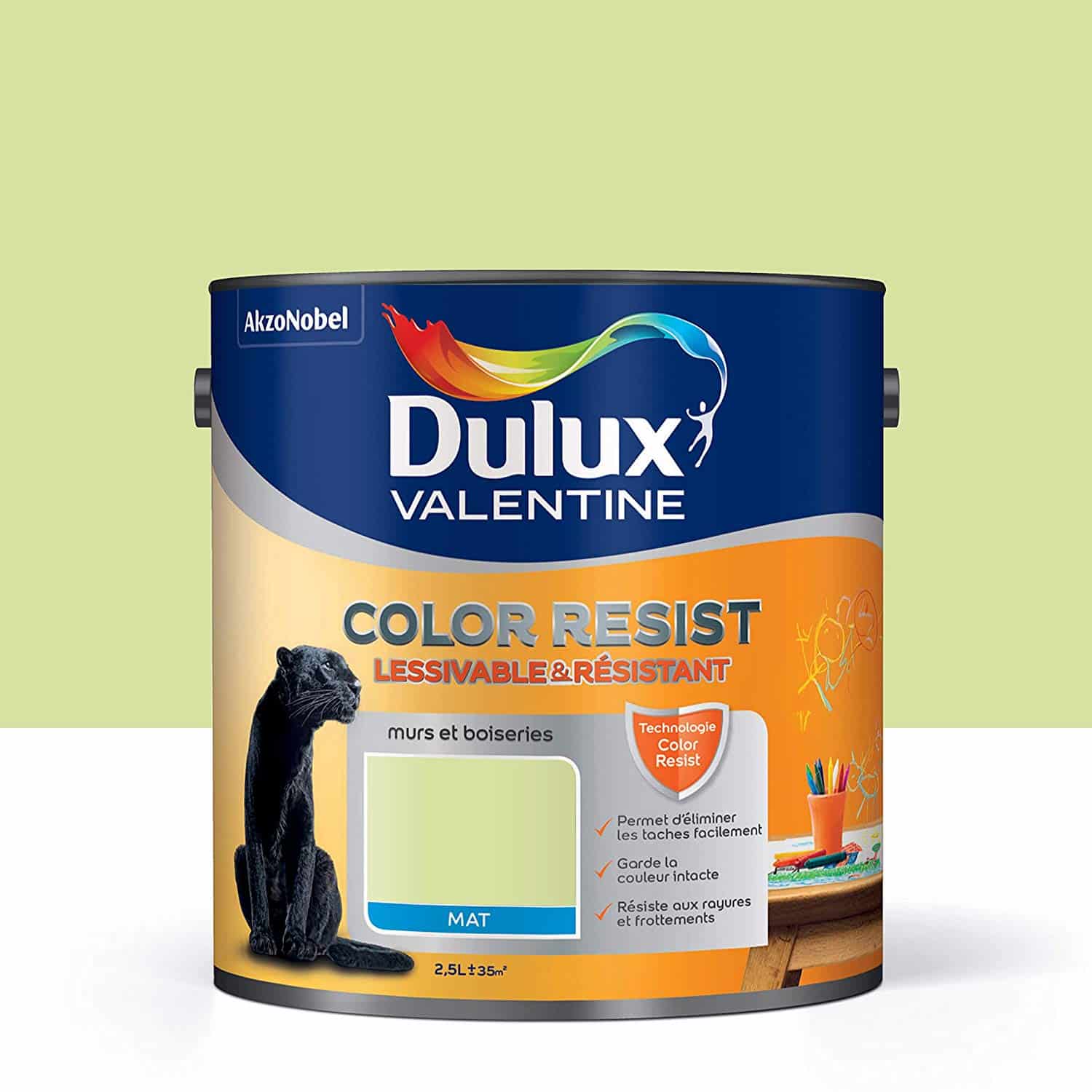 Peinture Color Resist Dulux Valentine – Lessivable et resistante pour Murs & Boiseries – aspect Mat Vert Fluorine 2,5 L – Dulux Valentine