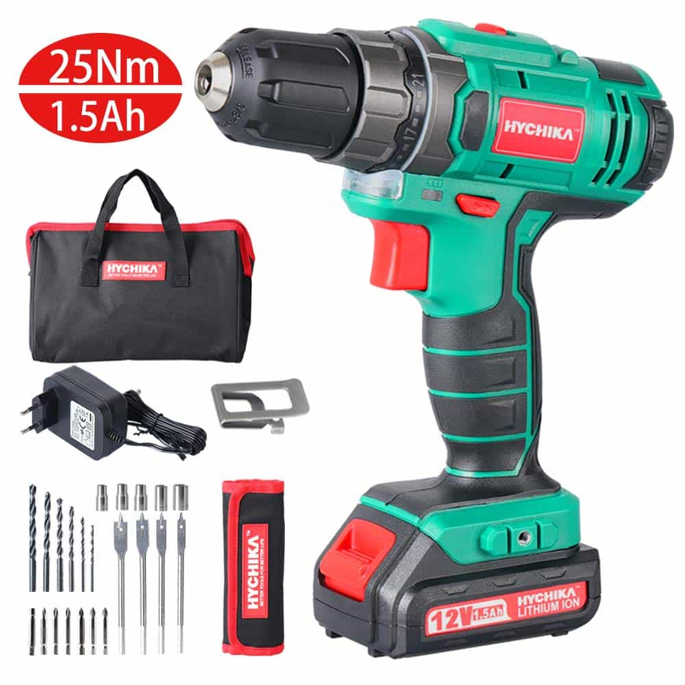Perceuse Visseuse Sans Fil 12V, HYCHIKA Visseuse Devisseuse 25N.m couple Max, 6x Forêt Hélicoïdaux, 6x Embouts de Vis, 5x Clés à douille, 4x Forets Plats et Sac à Outils